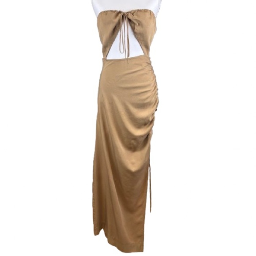 MABLE Anthropologie Strapless Cutout Maxi Dress Taupe Ruched Side Slit Med